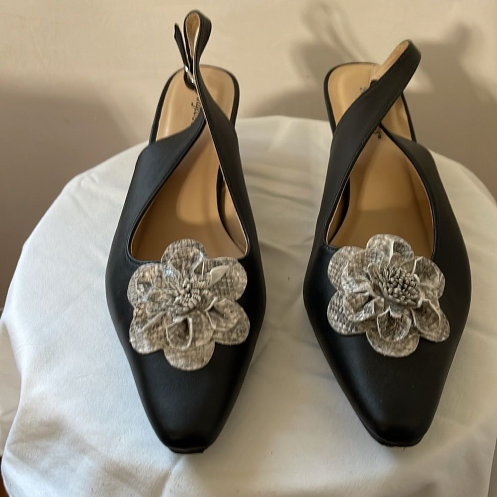 Elegant Black Slingback Heels with Silver Floral Accent - Picture 8 of 10